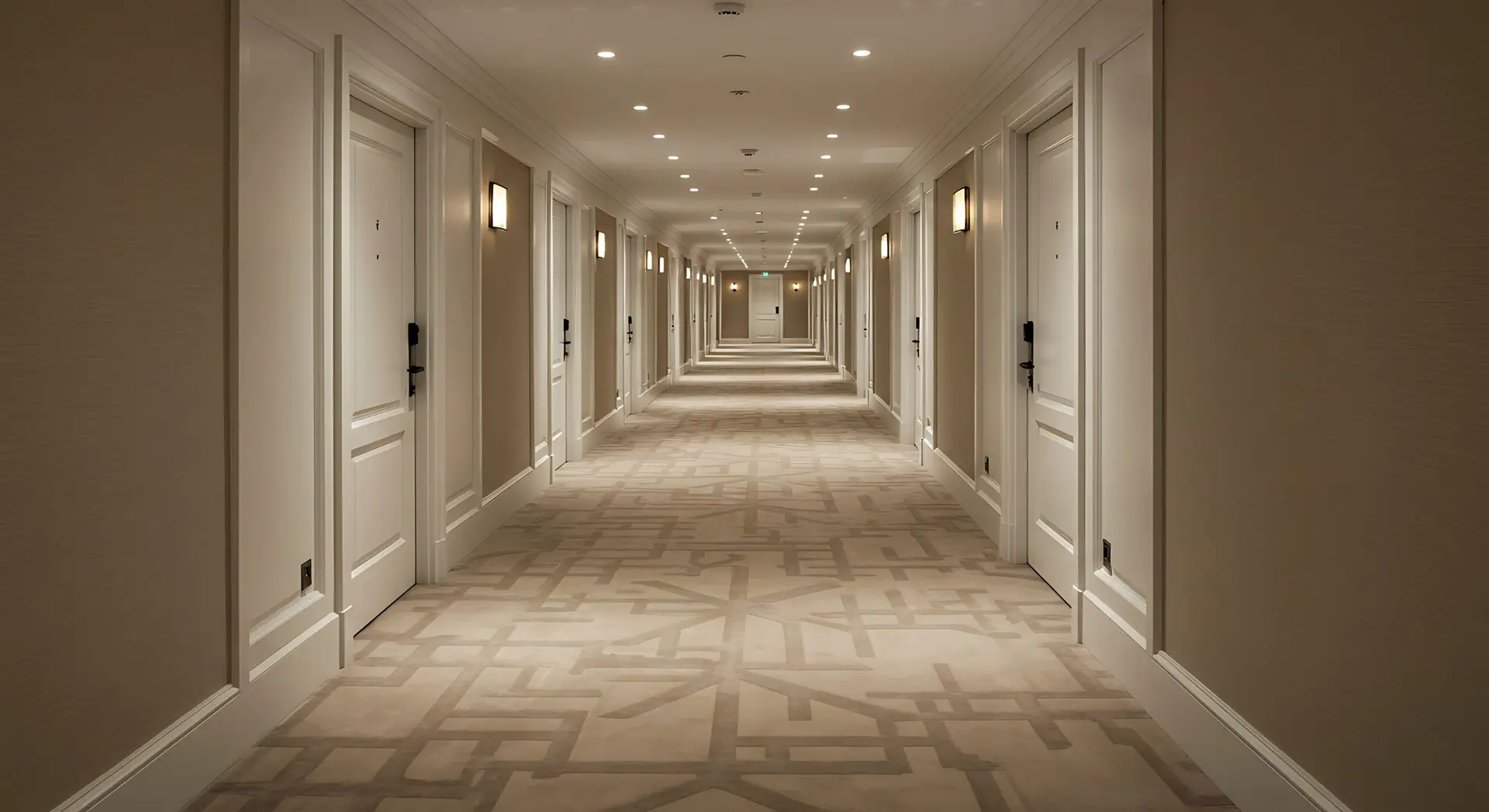 A long, elegant hotel corridor showcasing a striking, geometric-patterned carpet, flanked by numerous doors and softly illuminated by stylish ceiling lights for a welcoming ambience.